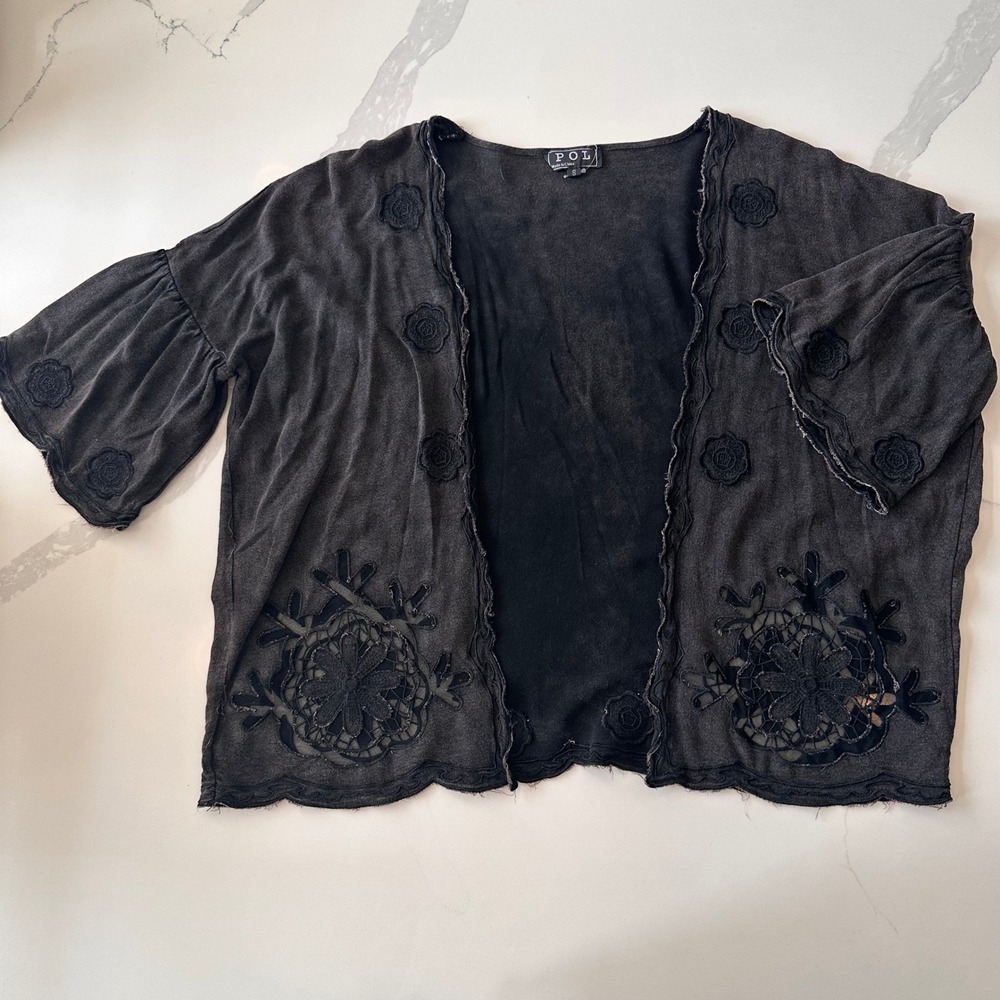 POL Boho Washed Black Lace Crochet Cutout Bell Sleeve Cardigan Small